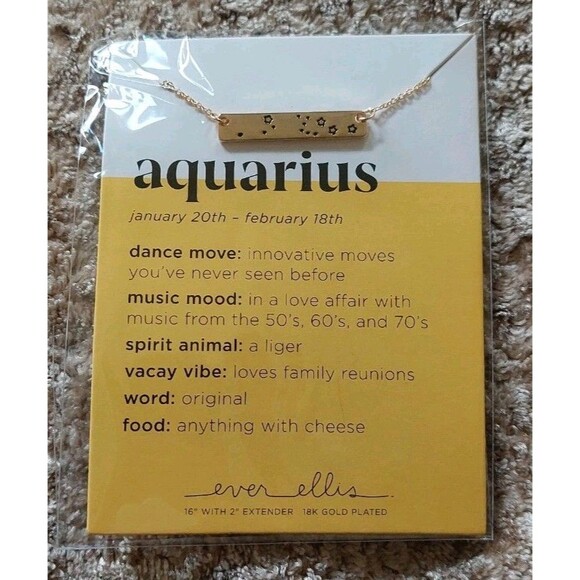 Aquarius Zodiac Bar Necklace 18K Gold Plated Ever Ellis 16" January 20 - Feb 18 - Picture 1 of 2